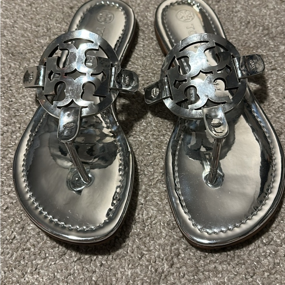 Tory Burch Metallic Silver Logo Thong Sandals
